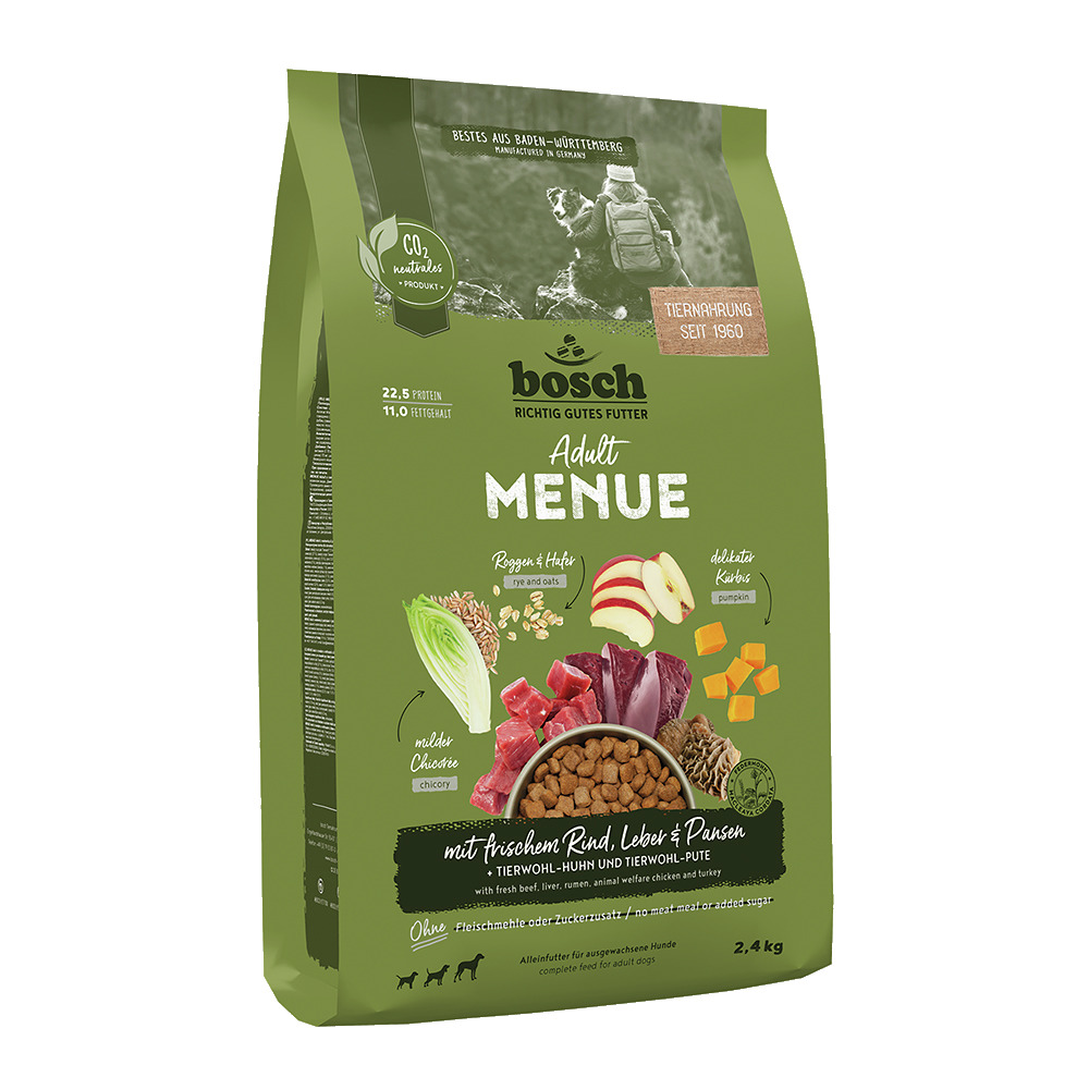 Das Bild zeigt eine grüne Verpackung des Hundefutters „bosch Adult Menue“ der Marke bosch Tiernahrung. Es ist für ausgewachsene Hunde geeignet und enthält frisches Rind, Leber, Pansen, tierwohlgerechtes Huhn und Pute. Die Geschmacksrichtung umfasst Chicor
