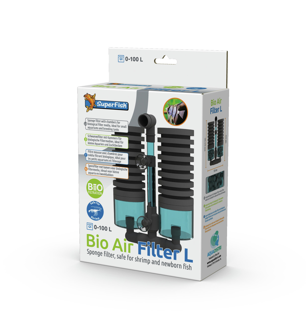 SuperFish Bio Air Filter L: Schwammfilter f. Aquarien (0-100L), ideal f. Garnelen/Jungfische, Bio-Filtration, 2 Schwammkammern, transparent.