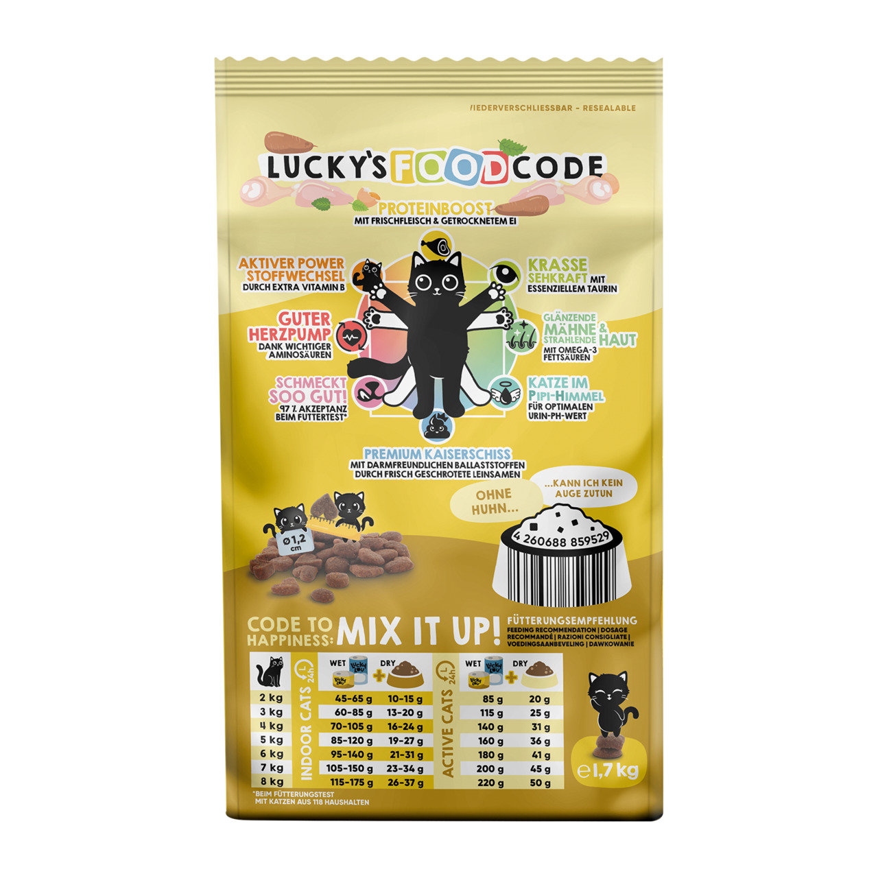 Lucky’s Food Code Trockenfutter f. Haushaltskatzen, ohne Huhn, m. Frischfleisch & Ei, 1,7 kg, „Proteinboost“, „aktiver Stoffwechsel“.