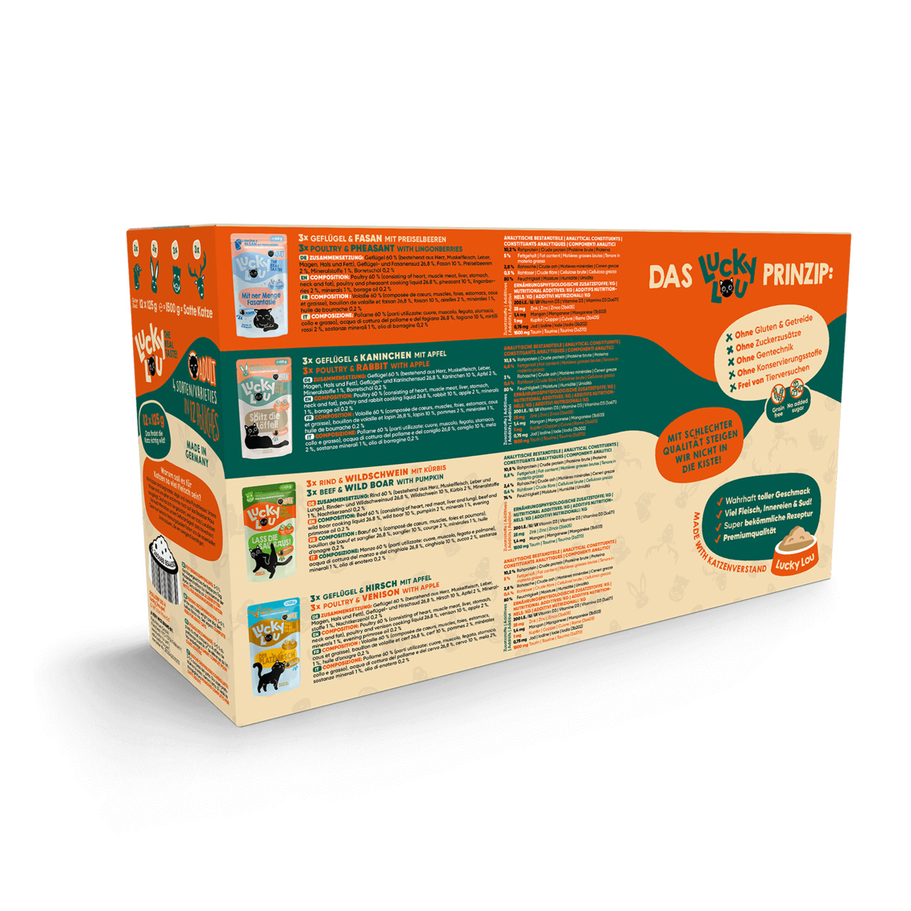 Lucky Lou Probierpaket Hunde: 12 Dosen Nassfutter (4 Sorten), glutenfrei, ohne Zuckerzusatz, künstl. Aromen-Konservierungsstoffe.