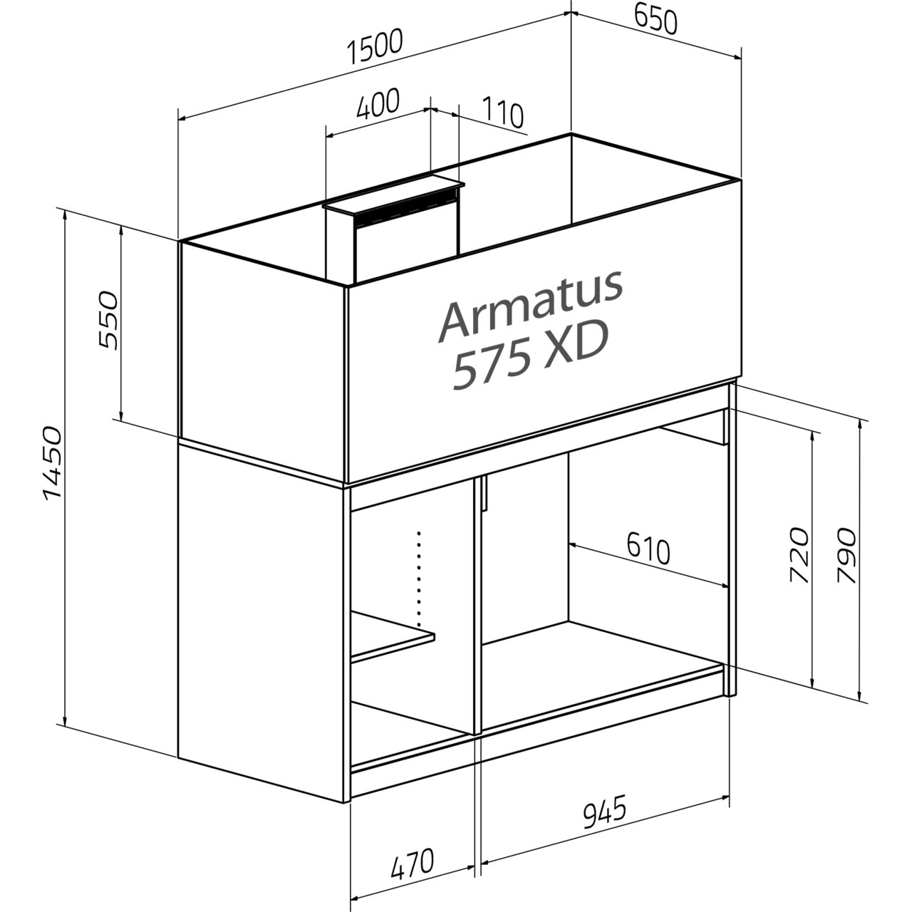 Das Bild zeigt eine technische Zeichnung des Aquariums „Armatus 575 XD“ von Aqua Medic. Es handelt sich um ein modernes Aquarium mit den Maßen 1500 mm Länge, 650 mm Breite und 1450 mm Höhe, inklusive Unterschrank. Die Zeichnung enthält detaillierte Maßang