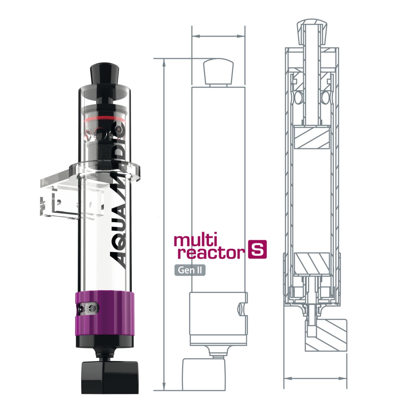Aqua Medic Multi Reactor S Gen II: Hochwertiger, zylindrischer Aquarium-Reaktor für versch. Filtermedien, transparent, violetter Verschluss.