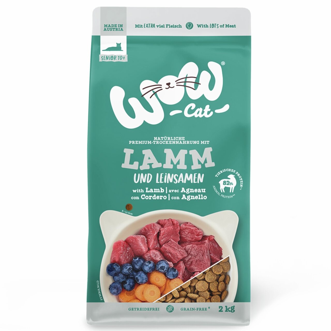 WOW Cat Premium-Trockenfutter für Senioren ab 10 Jahren, Lamm & Leinsamen, getreidefrei, 82 % tierisches Protein, 2 kg.