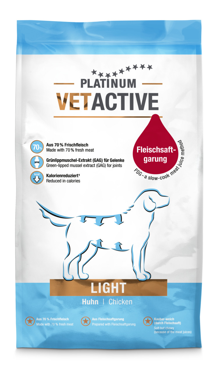PLATINUM VETACTIVE LIGHT Huhn, für Hunde, 70 % Frischfleisch, kalorienreduziert, leicht verdaulich, mit Grünlippmuschel, Huhn.