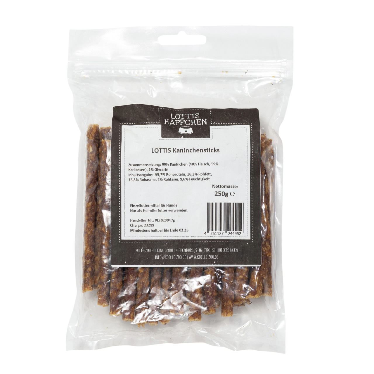 LOTTIS HÄPPCHEN LOTTIS Kaninchensticks, Einzelfuttermittel für Hunde, 99 % Kaninchen, 250 g, mit Angaben zu Zusammensetzung & Nährwerten.