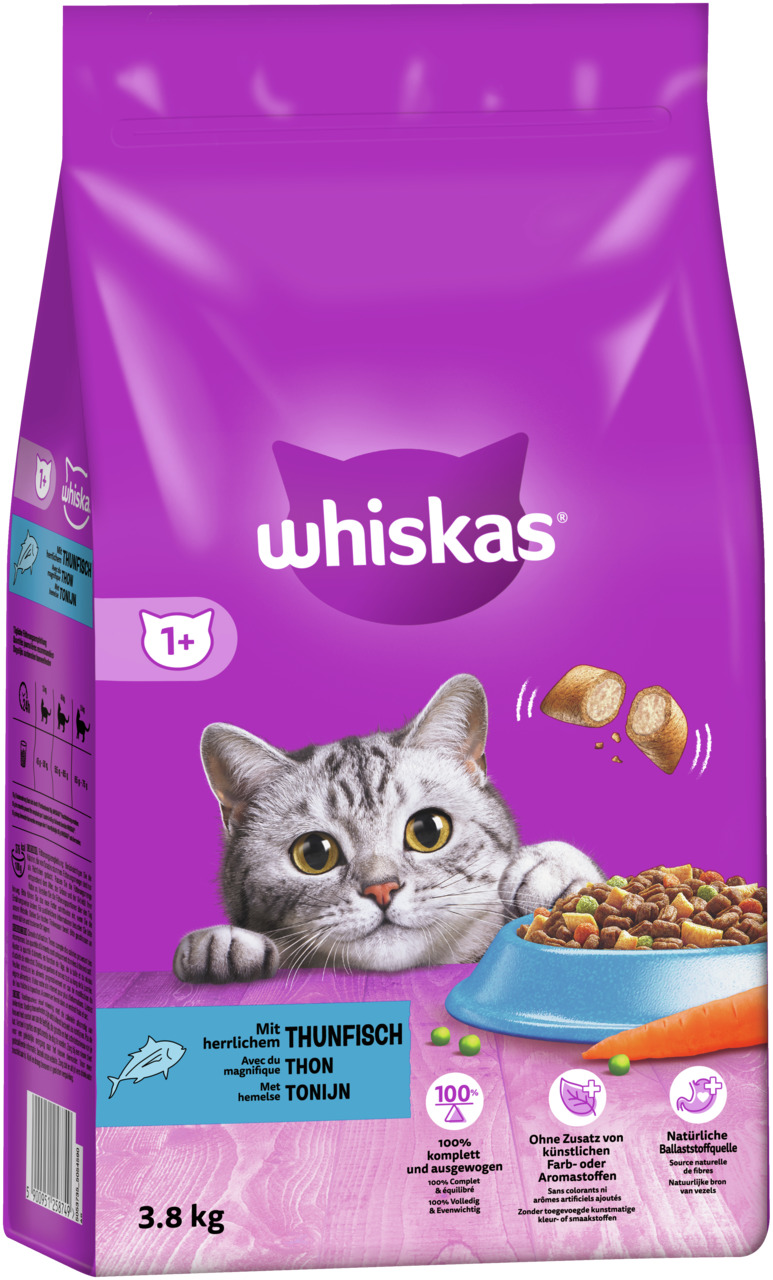 Whiskas 1+ Katzenfutter, Thunfisch, für Katzen ab 1 Jahr, 3,8 kg, 100 % ausgewogen, ohne künstl. Farb--Aromastoffe, mit Ballaststoffen.