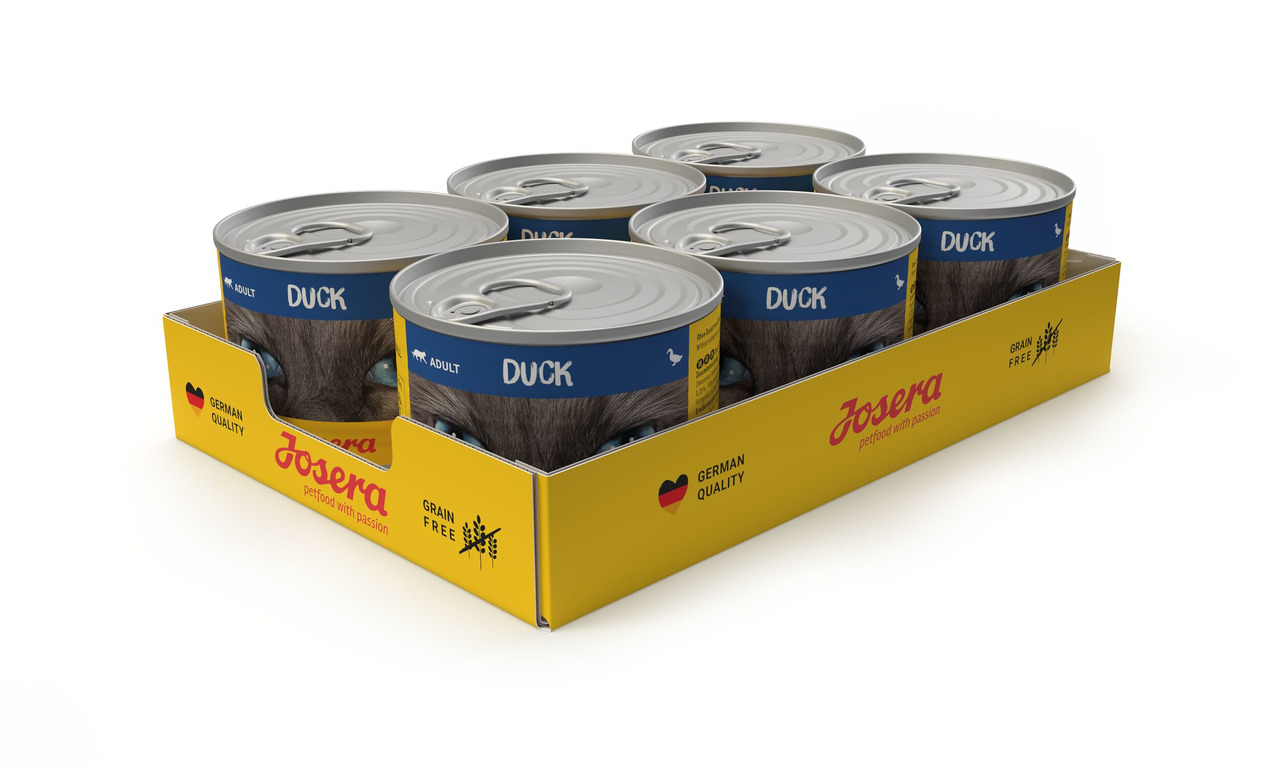 6 Dosen Josera Katzenfutter Adult, Ente, getreidefrei, „Grain Free“, „German Quality“, gelbe Verpackung, Nassfutter.