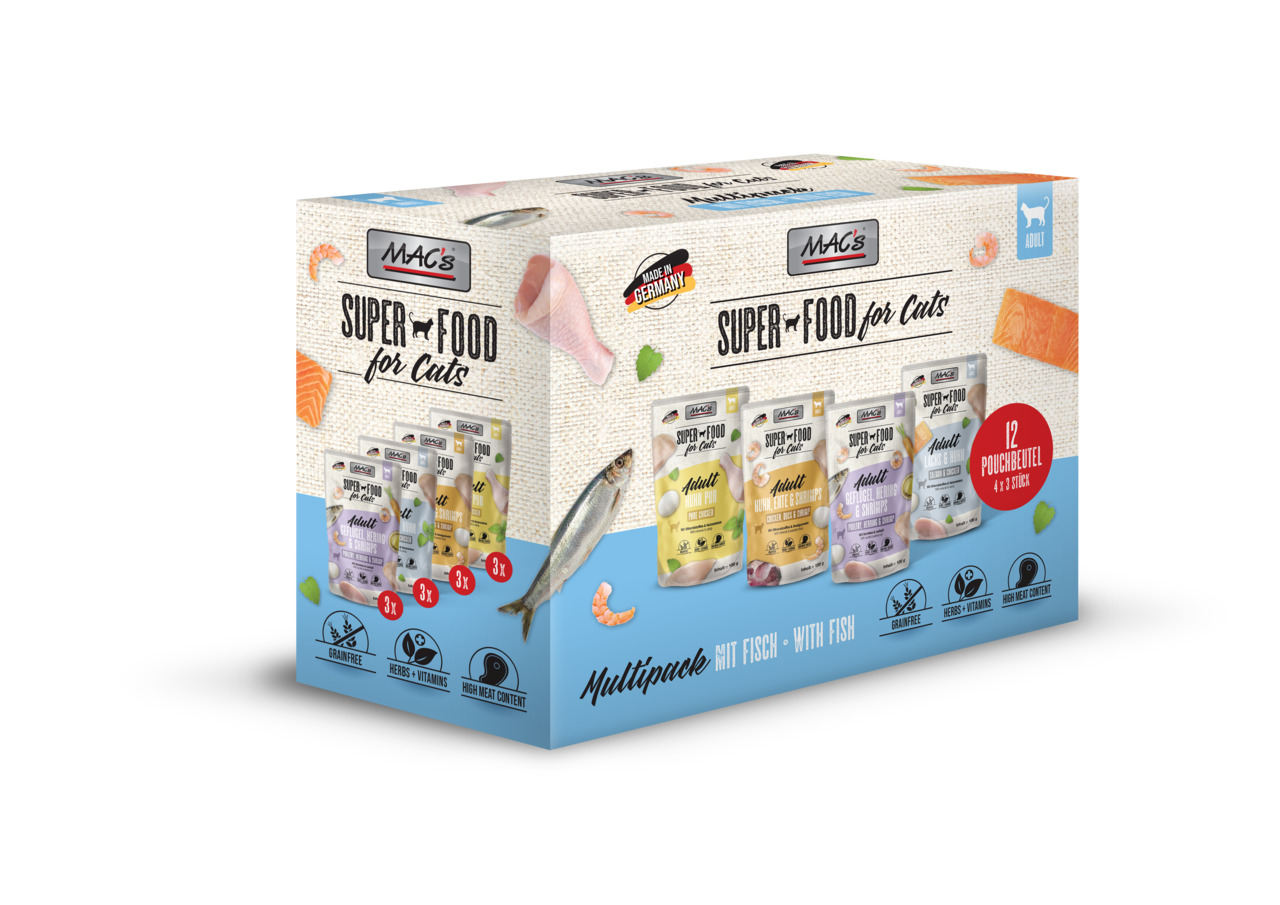 MAC's Superfood f. Cats, Multipack 12x85g, erw. Katzen, Fischvariationen, getreidefrei, reich an Fleisch, m. Kräutern & Vitaminen.