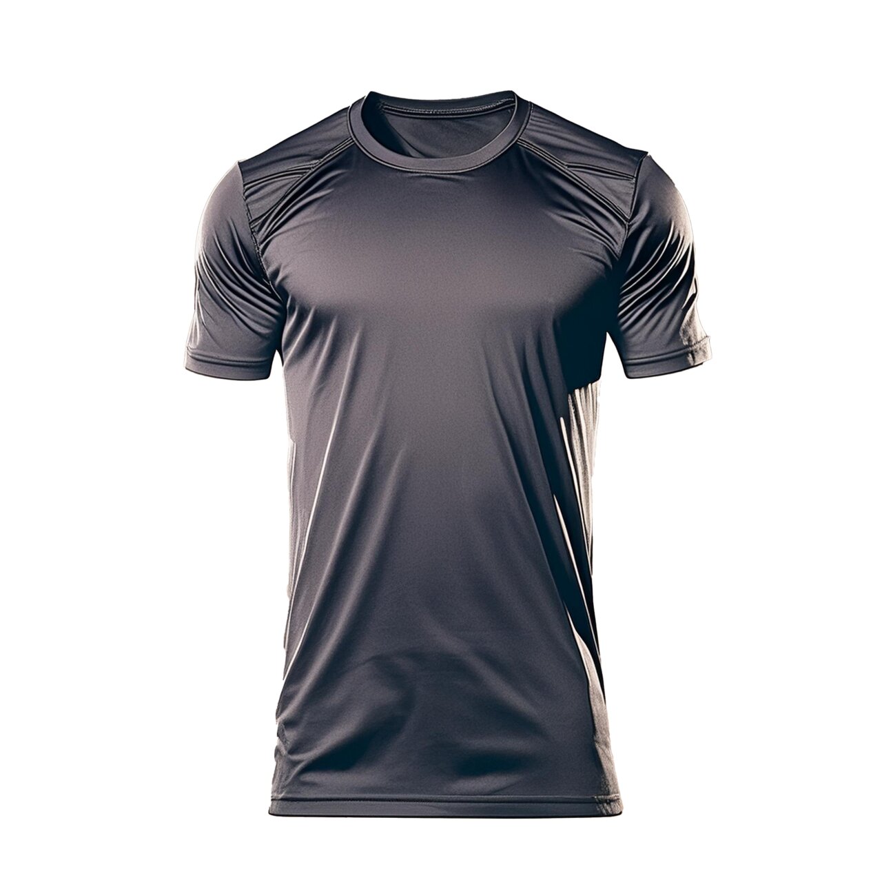 Dunkelgraues, kurzärmeliges Funktionsshirt mit Rundhalsausschnitt und glänzendem, leicht dehnbarem Material.