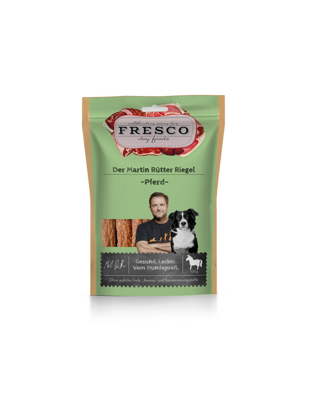 Fresco Der Martin Rütter Riegel – Pferd, Hundesnack, Pferdefleisch, 100 g, „Gesund. Lecker. Vom Hundeprofi.“, „Ohne Farb-, Aroma-, Konservierungsstoffe“.
