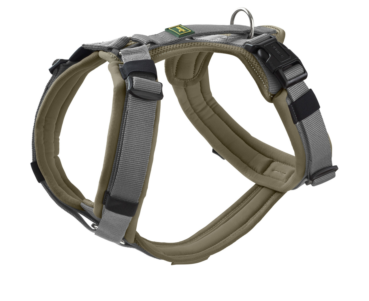 Das Bild zeigt das Hundegeschirr "HUNTER Divo" in der Farbe Beige-Grau. Es ist ein ergonomisches, gepolstertes Geschirr für Hunde, das hohen Tragekomfort bietet. Geeignet für Hunde aller Größen, verfügt es über verstellbare Gurte, robuste Schnallen und ei