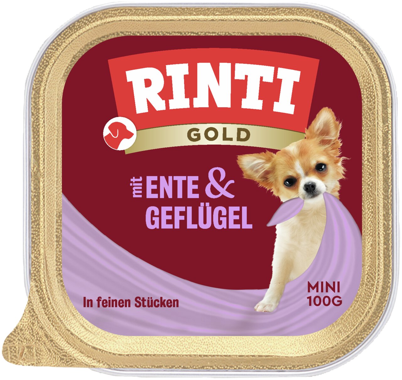 RINTI Gold Hundefutter, Mini, mit Ente & Geflügel, in feinen Stücken, 100 g, speziell für kleine Hunde, schmackhaft und bekömmlich.