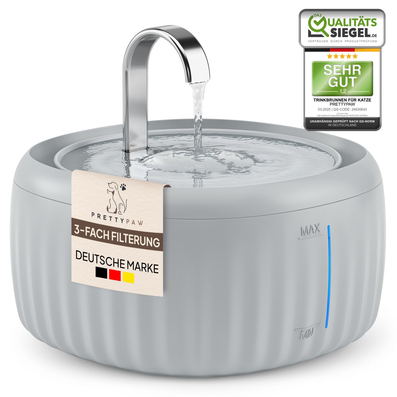 PRETTY PAW Trinkbrunnen für Katzen, grauer Kunststoff, Edelstahl-Auslauf, 3-fach-Filter, Qualitätssiegel „Sehr gut“, dt. Marke.