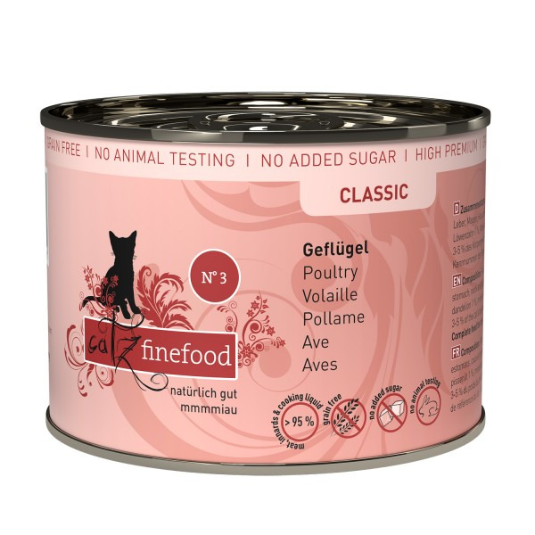 Catz finefood Classic Nr. 3, Katzen, Geflügel, getreidefrei, kein Zuckerzusatz, keine Tierversuche, 200 g Premium-Nassfutter.