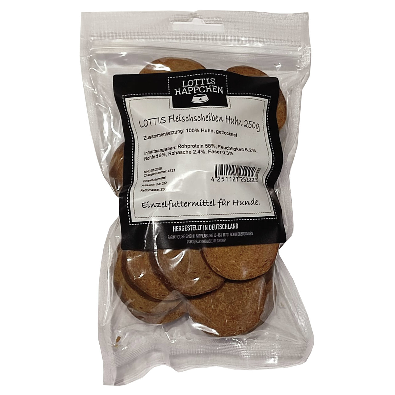 LOTTIS HÄPPCHEN Fleischscheiben Huhn, 250 g, Einzelfuttermittel für Hunde, 100 % getrocknetes Huhn, hergestellt in Deutschland.