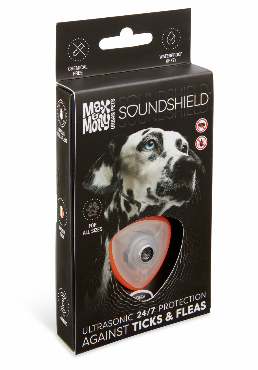 Max & Molly Soundshield für Haustiere, chemiefreies, wasserdichtes (IPX7) Ultraschallgerät, Schutz vor Zecken-Flöhen, orange.
