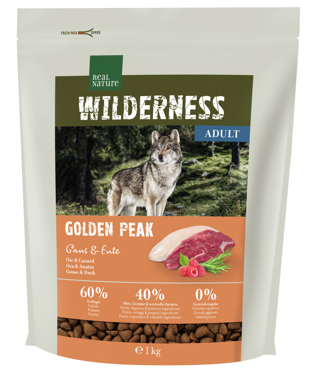 REAL NATURE WILDERNESS GOLDEN PEAK Adult, für ausgew. Hunde, Gans & Ente, 1 kg, 60 % Geflügel, 40 % Obst/Gemüse, 0 % Getreide.