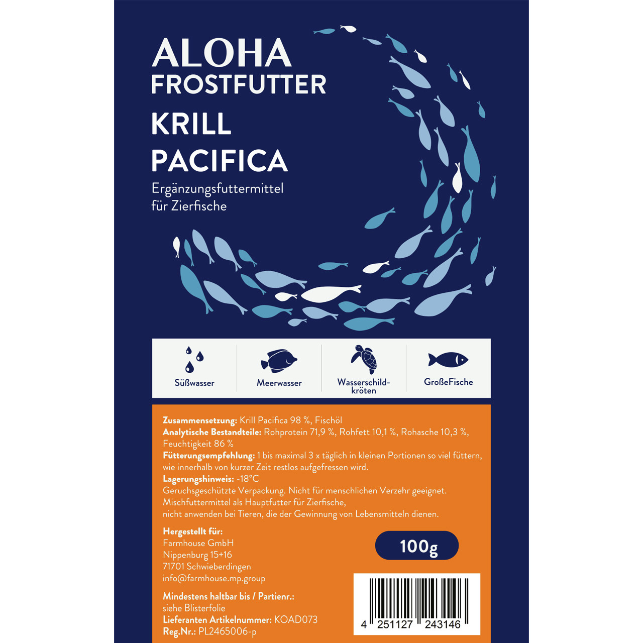 ALOHA Frostfutter Krill Pacifica, Ergänzungsfutter f. Zierfische, Süß-/Meerwasserfische, Schildkröten, 100 g, Lagerung bei -18°C.