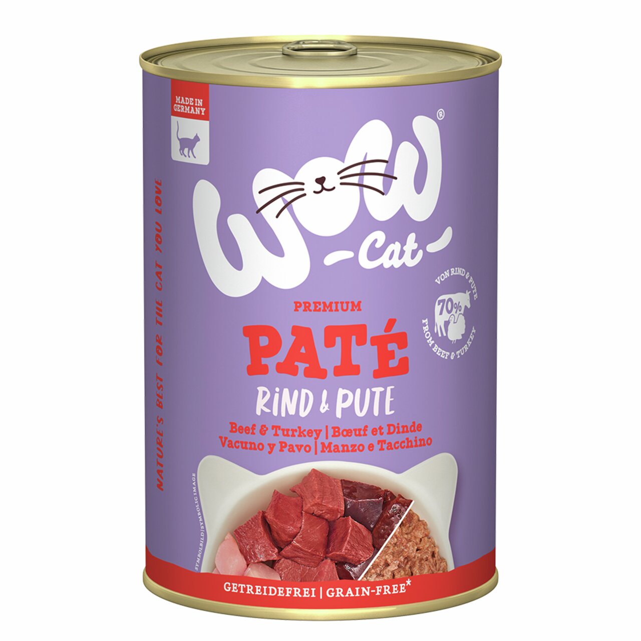 WOW Cat Premium Paté Rind & Pute, Katzenfutter, Geschmacksrichtung Rind und Pute, getreidefrei, 400 g Dose, Made in Germany.