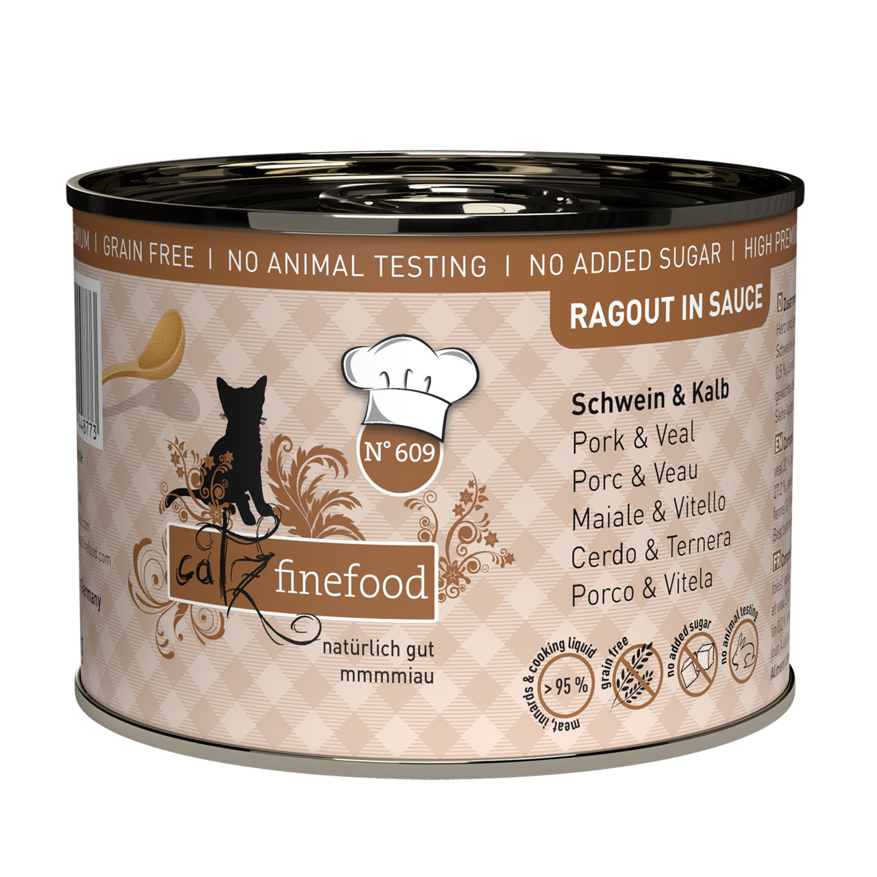 Catz finefood Katzenfutter, Schwein & Kalb, getreidefrei, ohne Zuckerzusatz, ohne Tierversuche, 200 g.