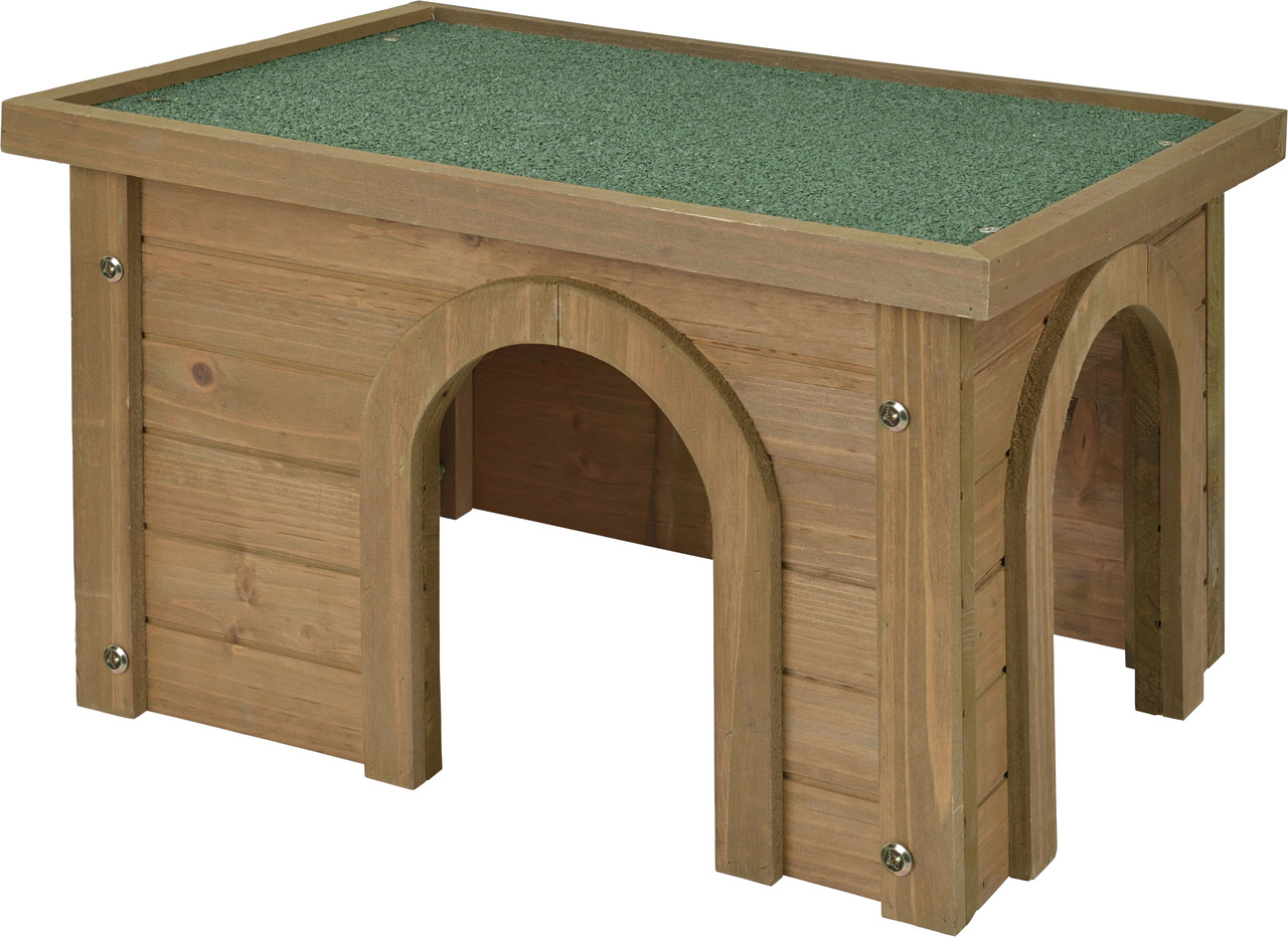 Das Bild zeigt das AniOne Kleintierhaus aus Holz, geeignet für Kaninchen und andere Kleintiere. Es besteht aus naturbelassenem Holz mit einem grünen, wetterfesten Dach. Das Haus bietet Schutz und Rückzugsmöglichkeiten für Tiere. Die robuste Konstruktion i