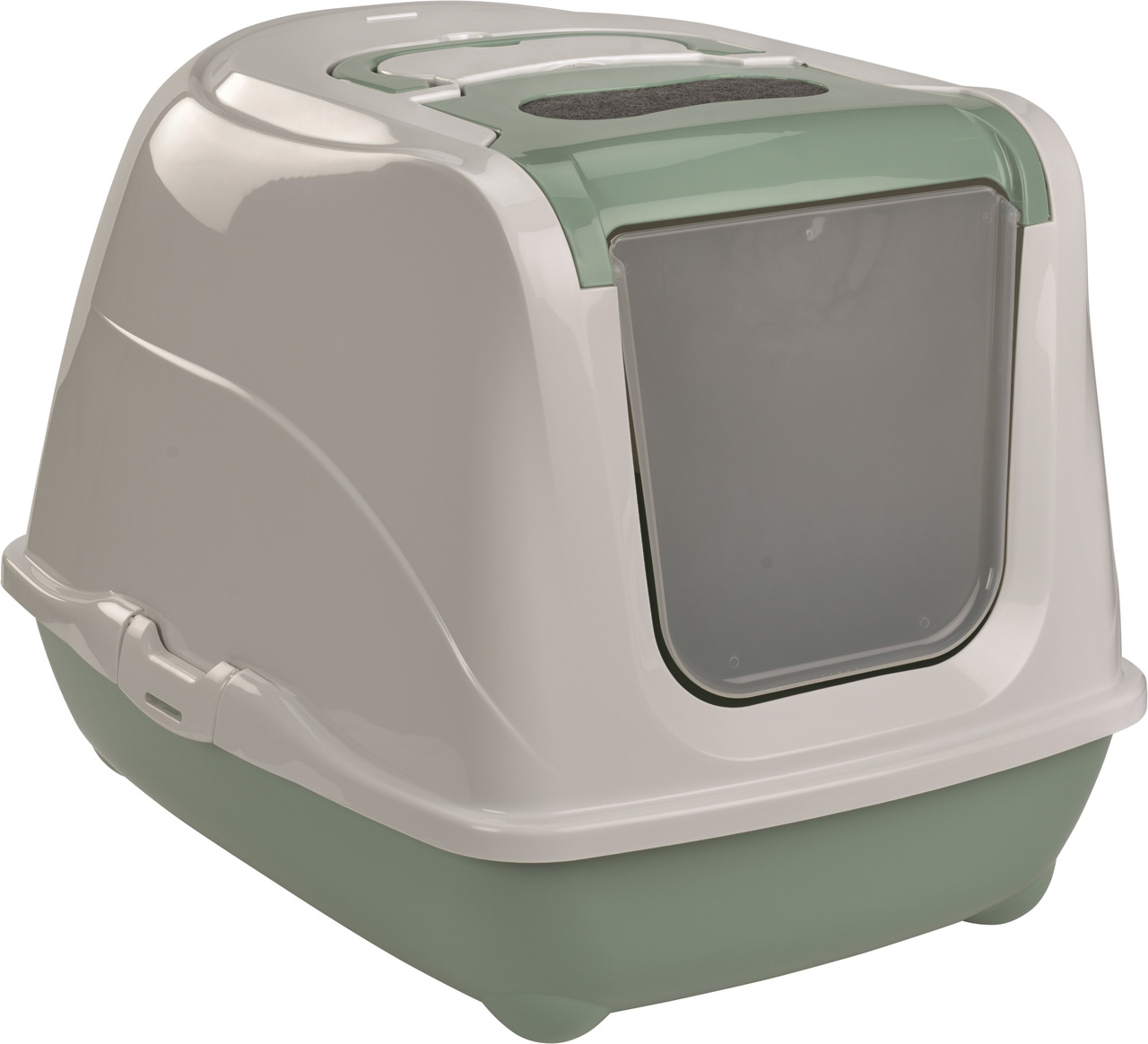 AniOne Katzentoilette m. Haube, f. Katzen aller Größen, Weiß-Grün, m. Schwingtür, Belüftung+Aktivkohlefilter, hygienisch+stabil.