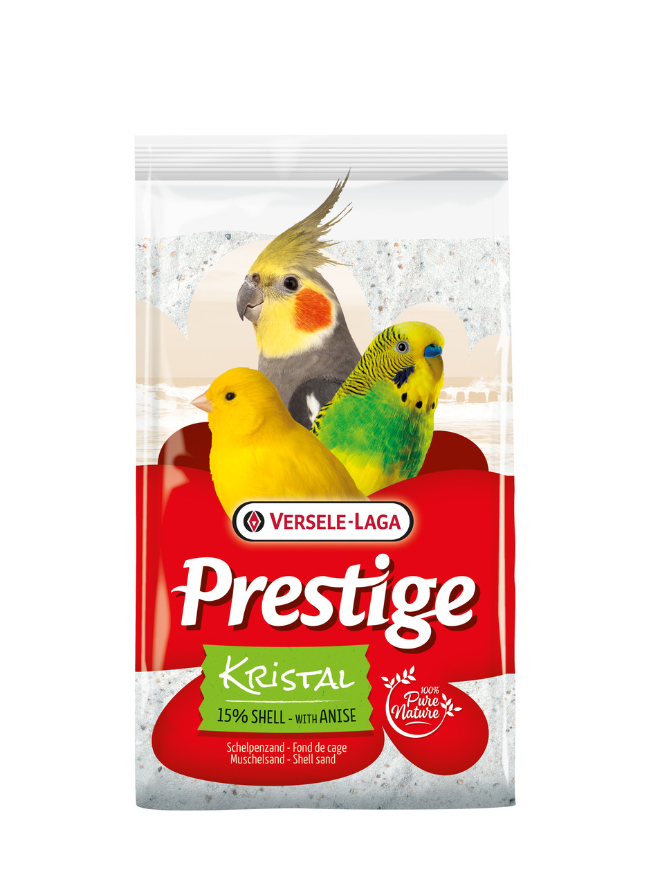 Versele-Laga Prestige Kristal Muschelsand, 15 % Muschelschalen & Anis, für Ziervögel, 100 % Pure Nature, 3 bunte Vögel auf Packung.