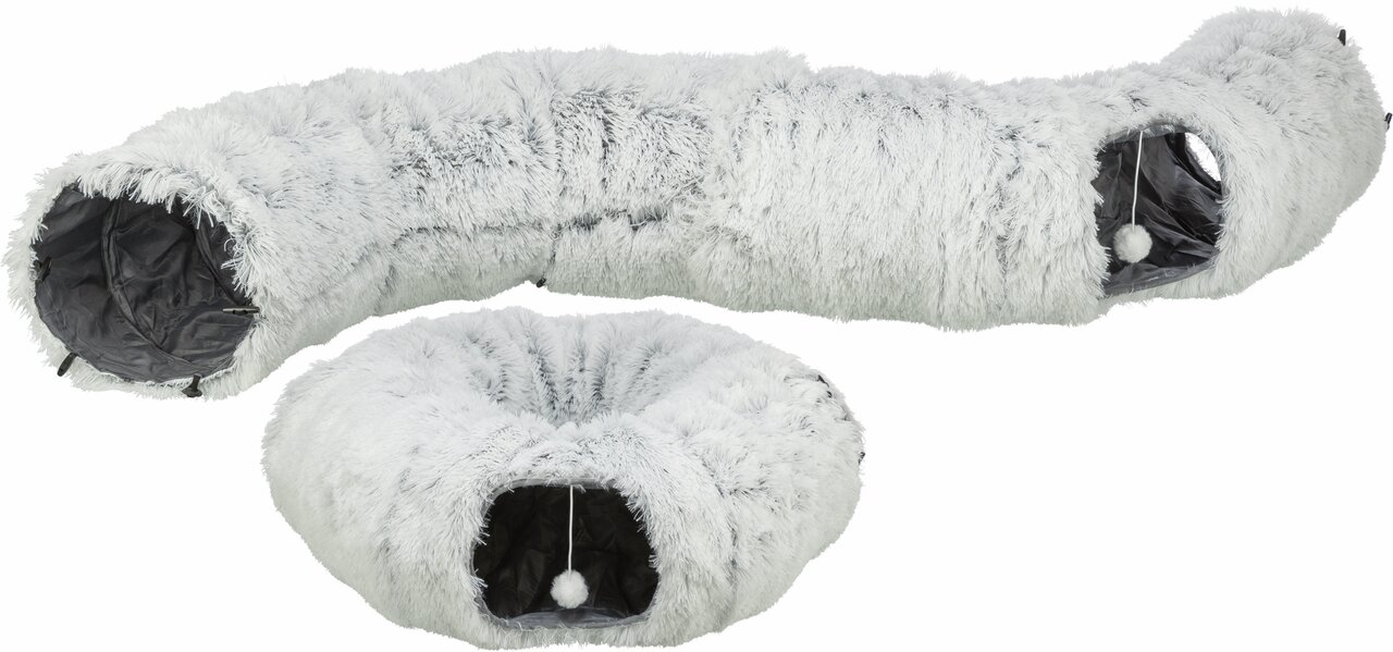 TRIXIE Kuscheltunnel für Katzen, grau, für Spiel und Ruhe, mit Plüsch und Spielball, Länge 115 cm, bietet Komfort und Spaß.