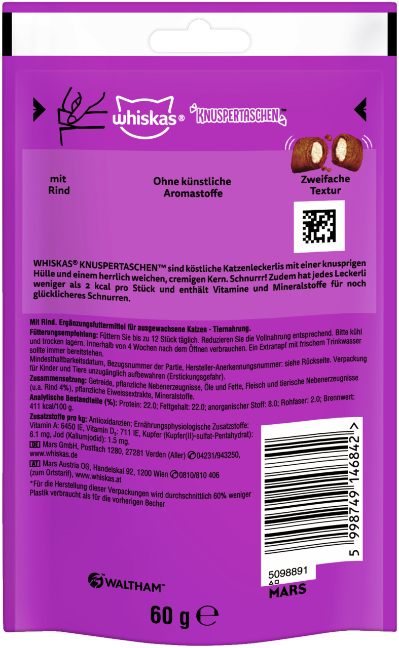 Whiskas Knuspertaschen Rind, Ergänzungsfutter f. ausgew. Katzen, 60 g, „Ohne künstl. Aromastoffe“, „Zweifache Textur“.