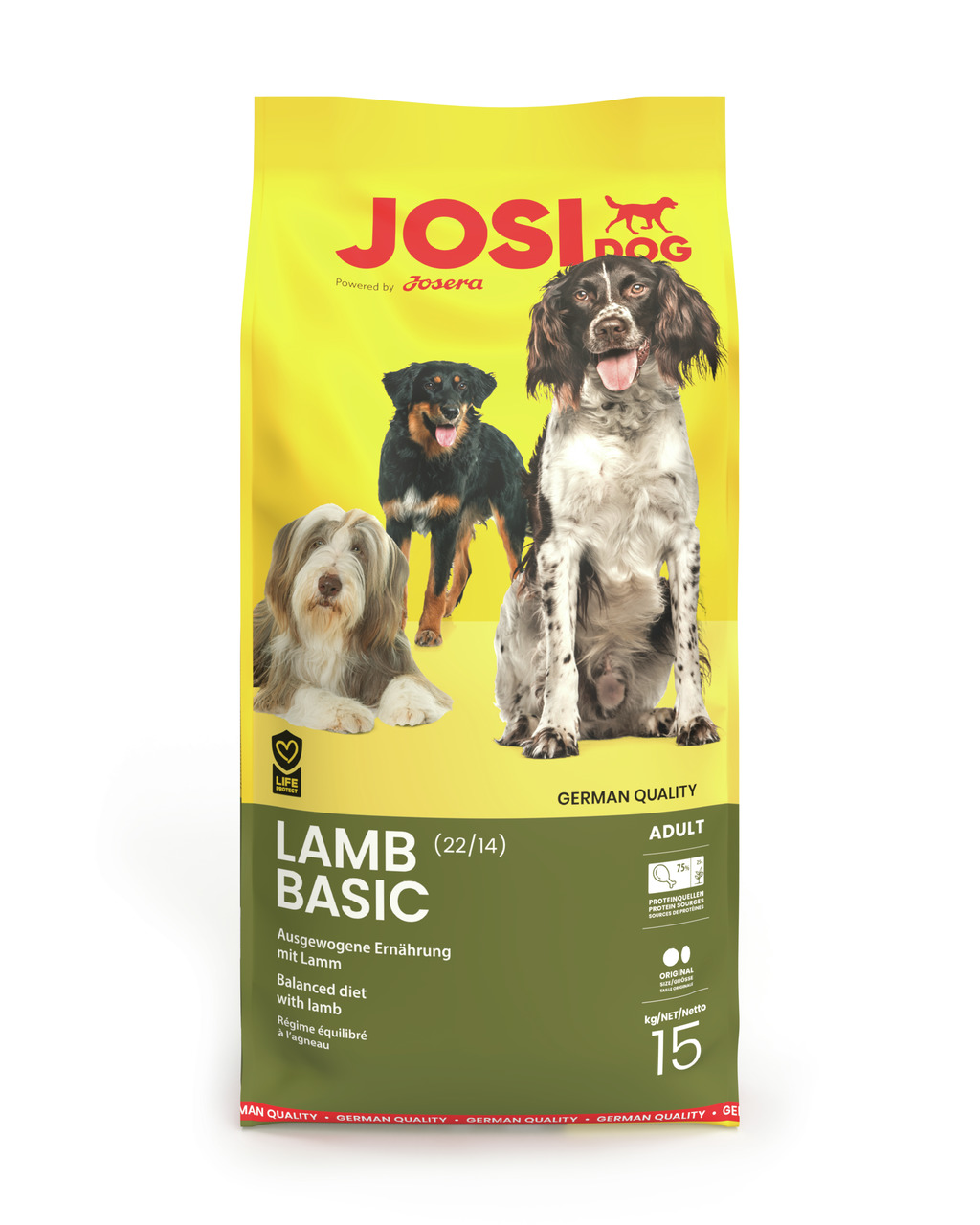 Josera JosiDog Lamb Basic, Trockenfutter mit Lamm für erwachsene Hunde, 15 kg, „German Quality“, ausgewogene Nährstoffe (22/14).