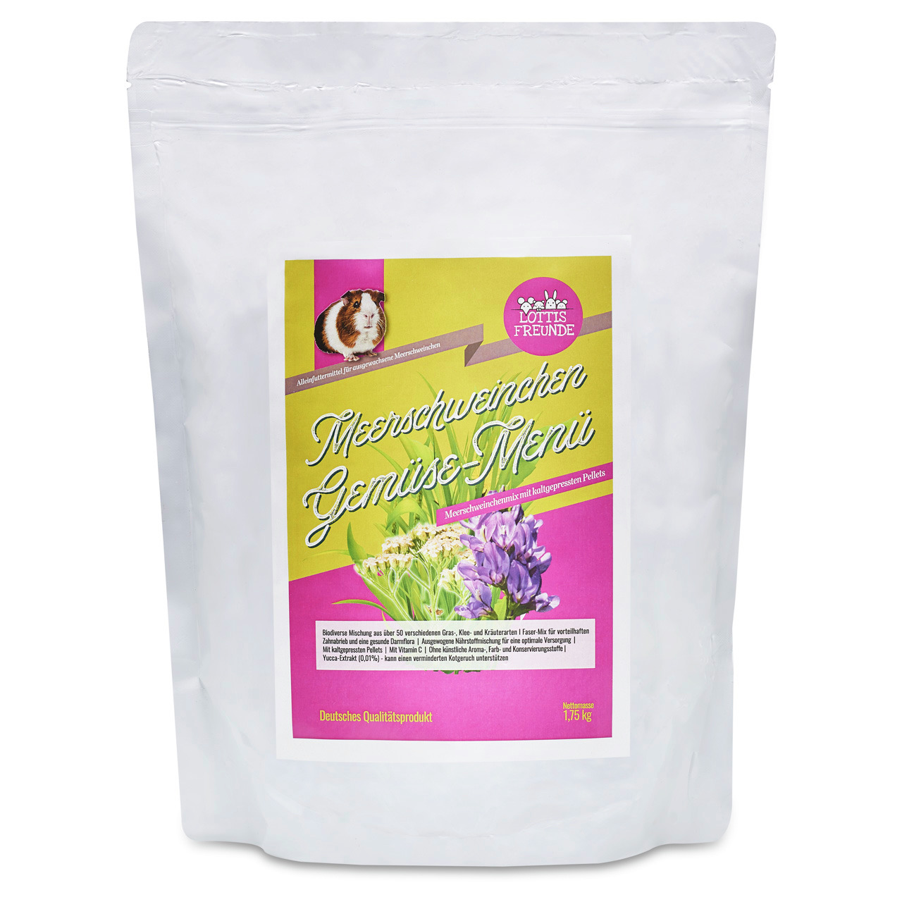 LOTTIS FREUNDE Meerschweinchen Gemüse-Menü, Alleinfutter f. erw. Meerschweinchen, 1,75 kg, kaltgepresste Pellets, Gräser, Kräuter, Gemüse.