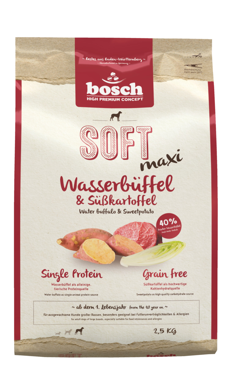 Das Bild zeigt eine Verpackung des Hundefutters „bosch High Premium Concept Soft Maxi Wasserbüffel & Süßkartoffel“. Es handelt sich um ein getreidefreies Trockenfutter mit Single-Protein-Quelle Wasserbüffel und Süßkartoffel als Kohlenhydratquelle. Geeigne