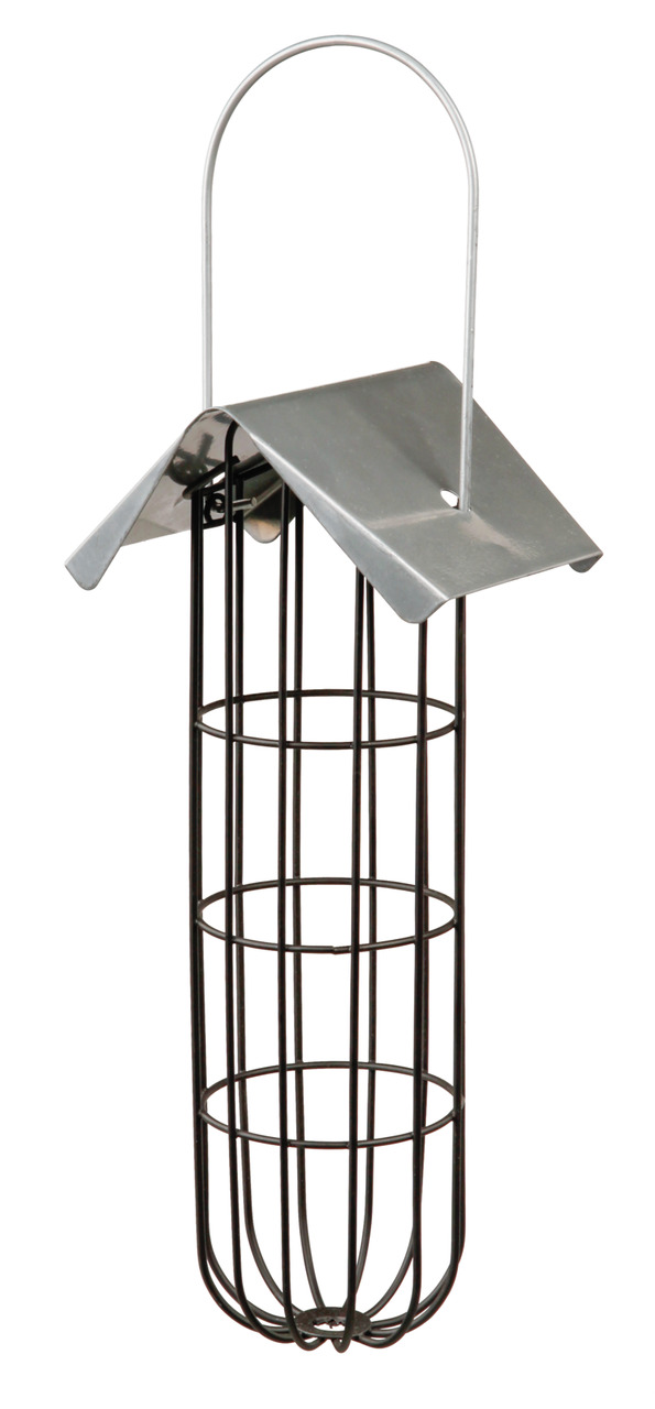 Metallener Meisenknödelhalter von TRIXIE mit silbernem Dach und schwarzem Gitterdesign. Geeignet für Wildvögel, um Meisenknödel sicher aufzuhängen. Robuste Konstruktion für den Außenbereich. Praktischer Haken zur Befestigung. Ideal zur Unterstützung von V
