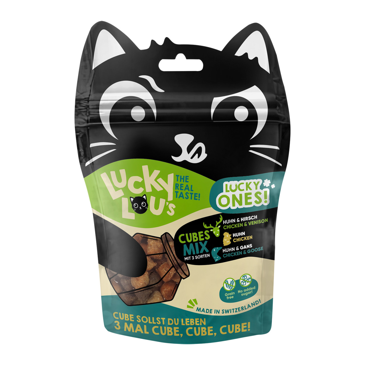 Lucky Lou Cubes Mix für Katzen: getreidefreie Snacks, ohne Zuckerzusatz, Huhn & Hirsch, Huhn, Huhn & Gans, hergestellt in der Schweiz.