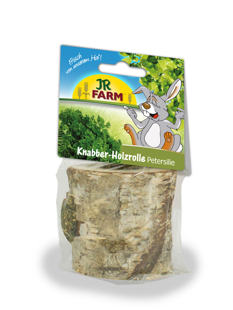 JR FARM Knabber-Holzrolle Petersilie, für Kaninchen/Nager, mit getr. Petersilie, Zahnpflege+Beschäftigung, Menge sichtbar.
