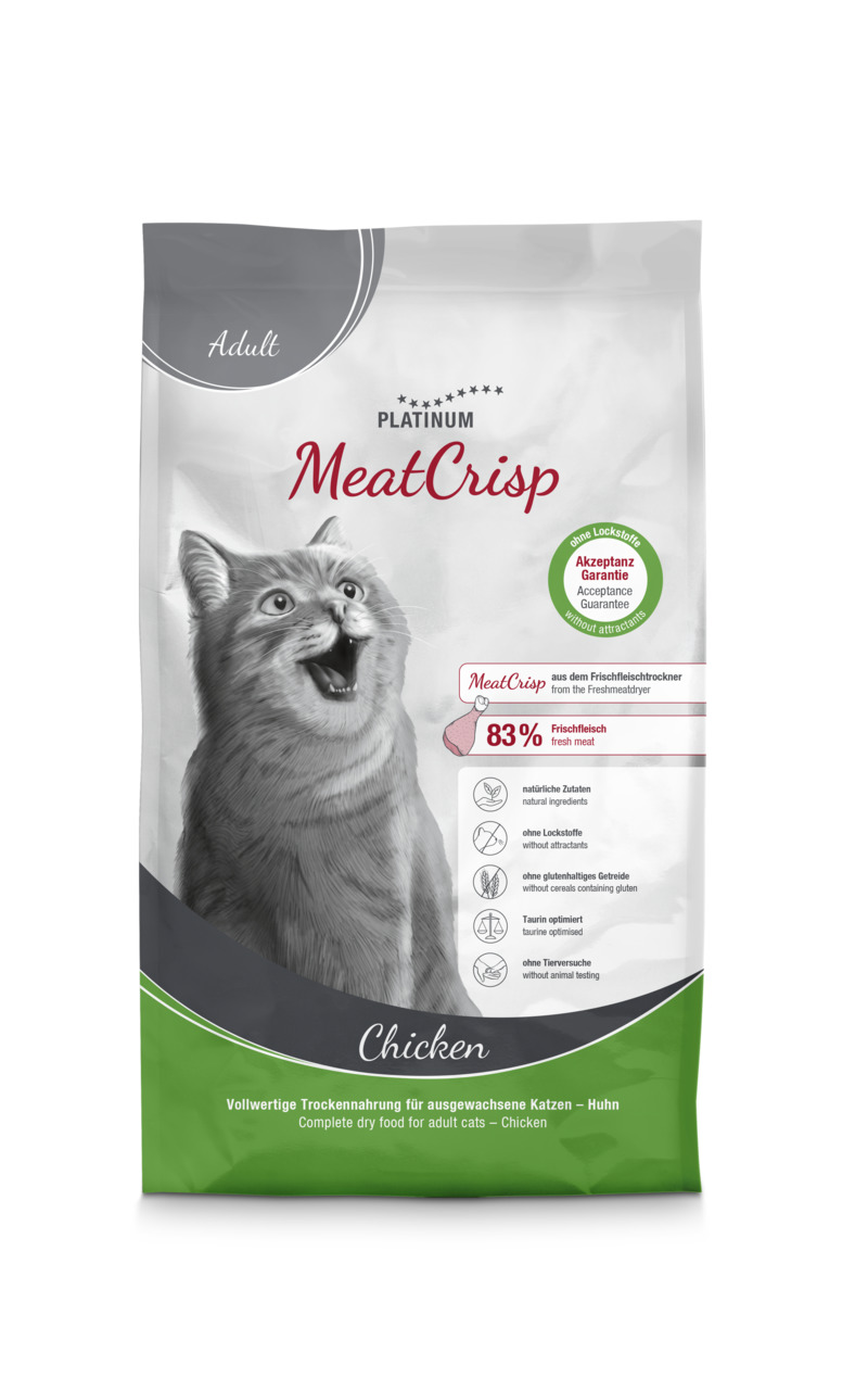 Das Bild zeigt eine Verpackung des Katzenfutters „PLATINUM MeatCrisp Chicken“. Es handelt sich um eine vollwertige Trockennahrung für ausgewachsene Katzen mit Huhn als Geschmacksrichtung. Die Verpackung hebt hervor, dass 83 % Frischfleisch verwendet werde