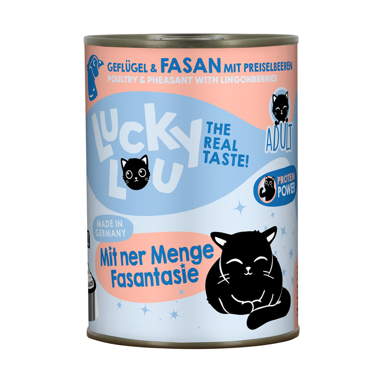Lucky Lou Katzenfutter Adult, Geflügel & Fasan mit Preiselbeeren, „Mit ner Menge Fasantasie“, „Protein Power“, 400g.