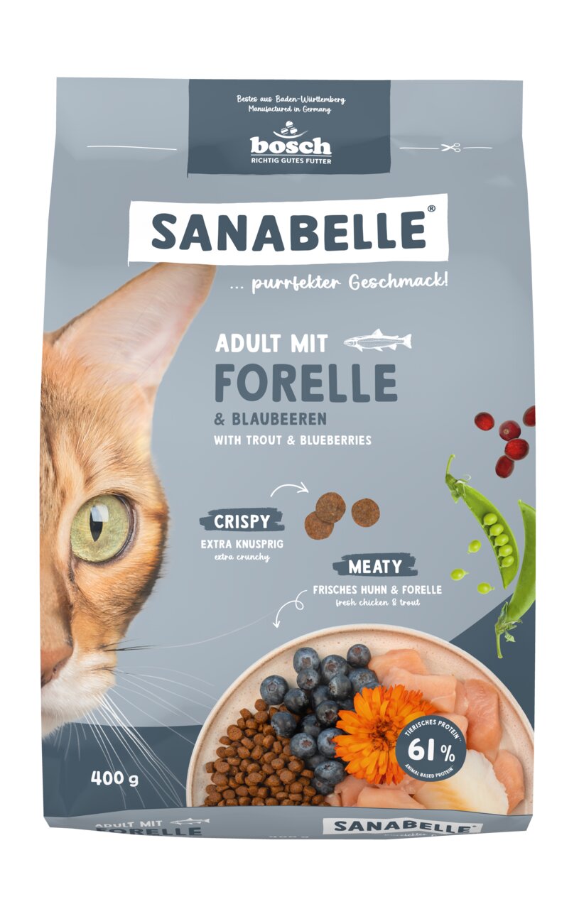 Sanabelle Adult Forelle & Blaubeeren, Bosch, für ausgewachsene Katzen, knusprig & fleischhaltig, 61 % tier. Proteine, 400 g.