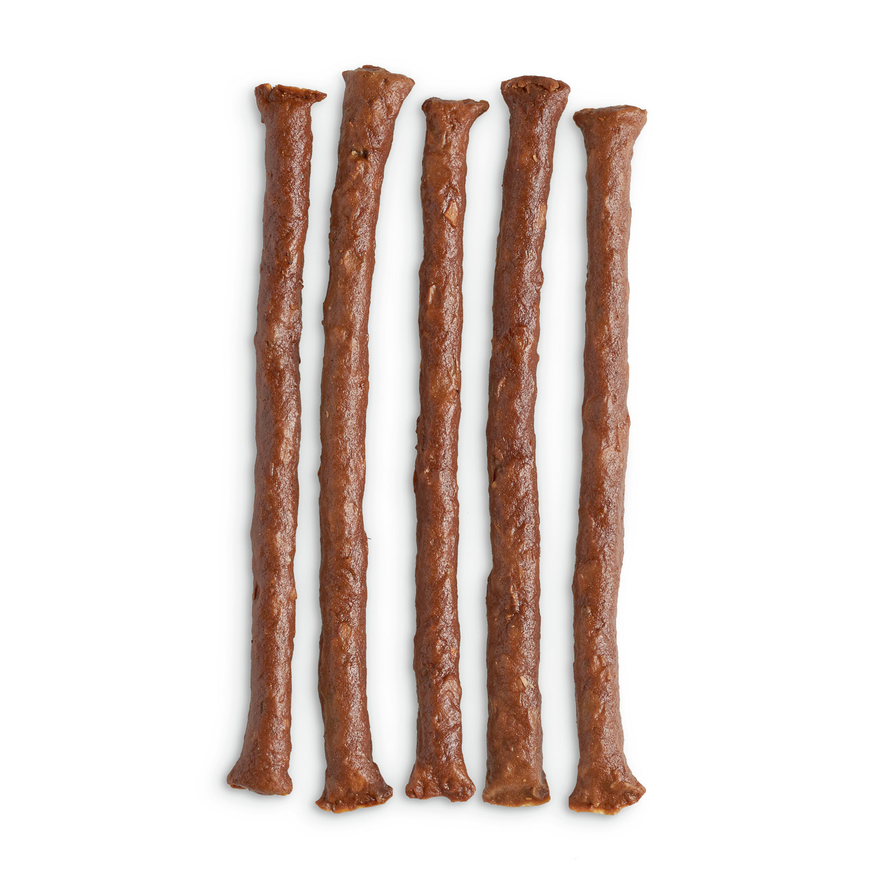Das Bild zeigt fünf braune Kaustangen der Marke Lottis Häppchen, die als Hundesnack dienen. Die Stangen sind gleichmäßig geformt und liegen nebeneinander auf einem weißen Hintergrund. Sie sind für Hunde geeignet und bieten eine schmackhafte Belohnung.