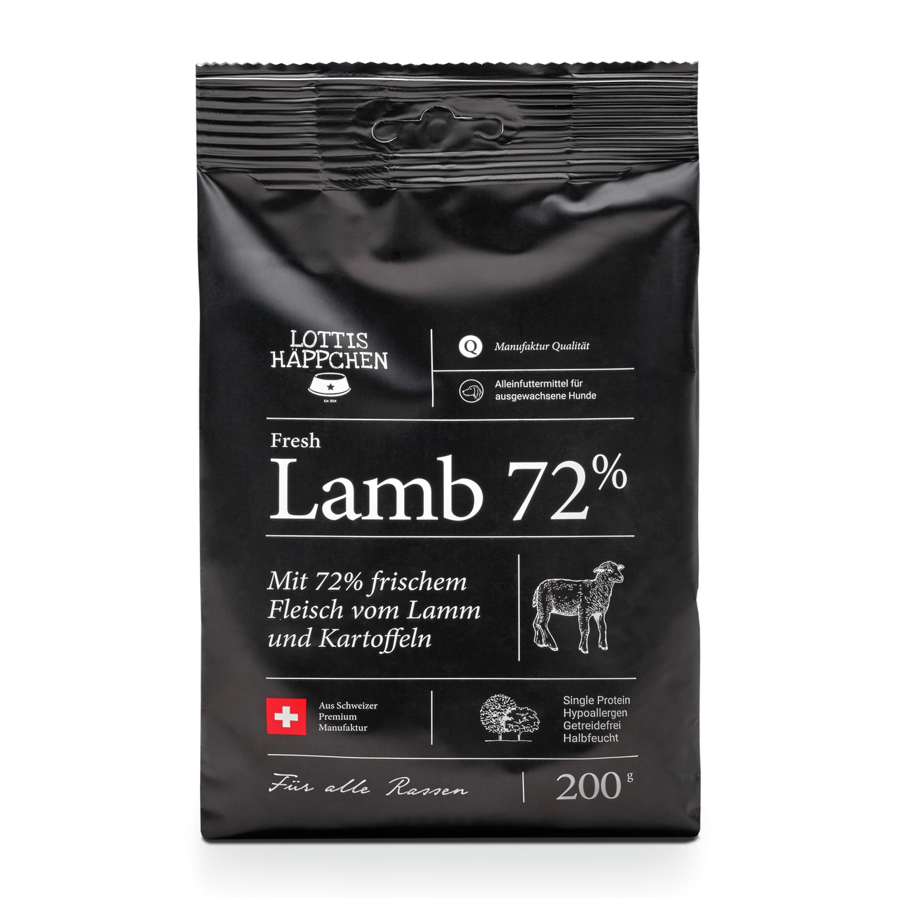 Lottis Häppchen Fresh Lamb 72%, Alleinfutter f. erw. Hunde, 72% Lamm, getreidefrei, hypoallergen, halbfeucht, 200 g.