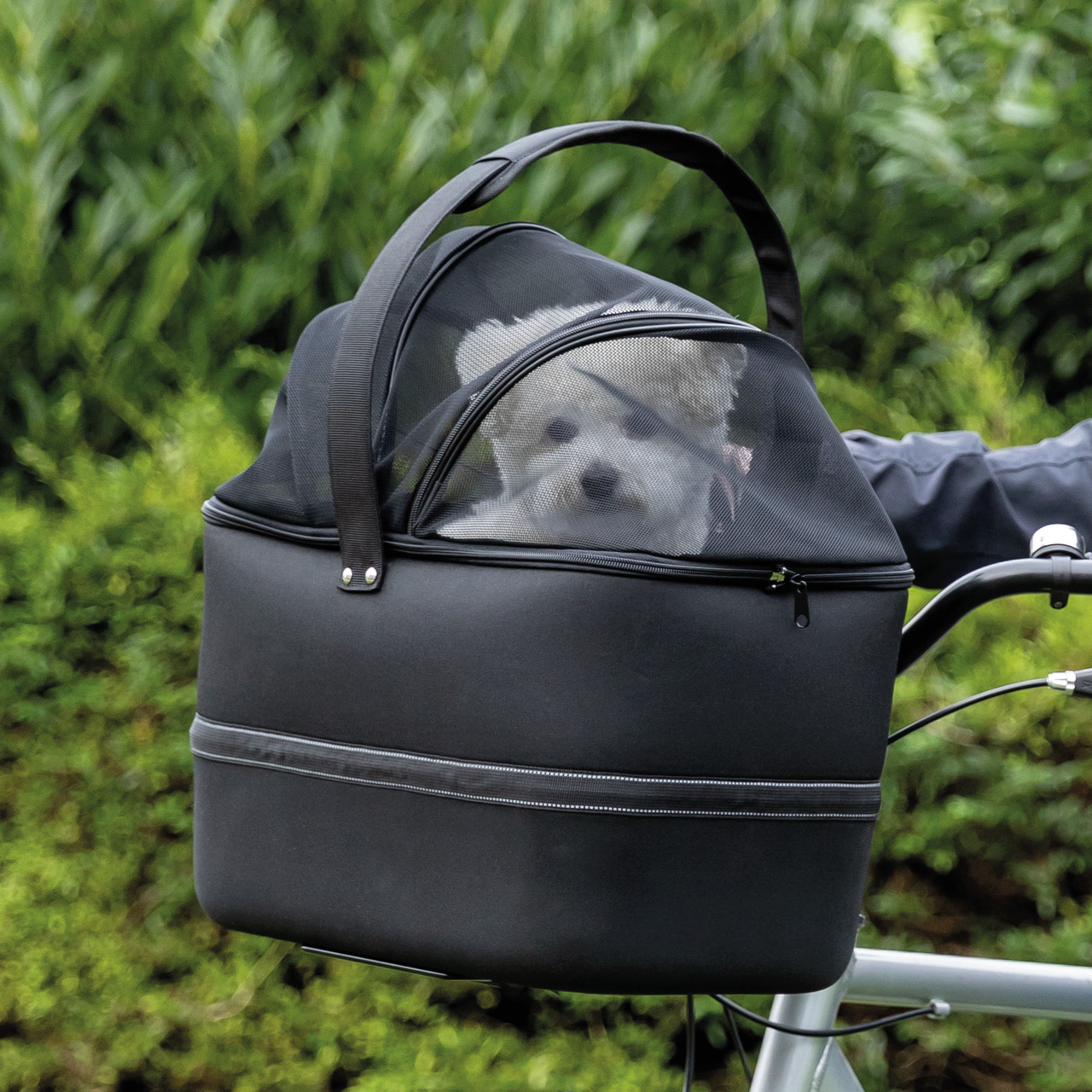 TRIXIE Fahrrad-Fronttasche für kleine Hunde, schwarz, mit Netzabdeckung, Komfort & Schutz, ideal für Fahrräder.