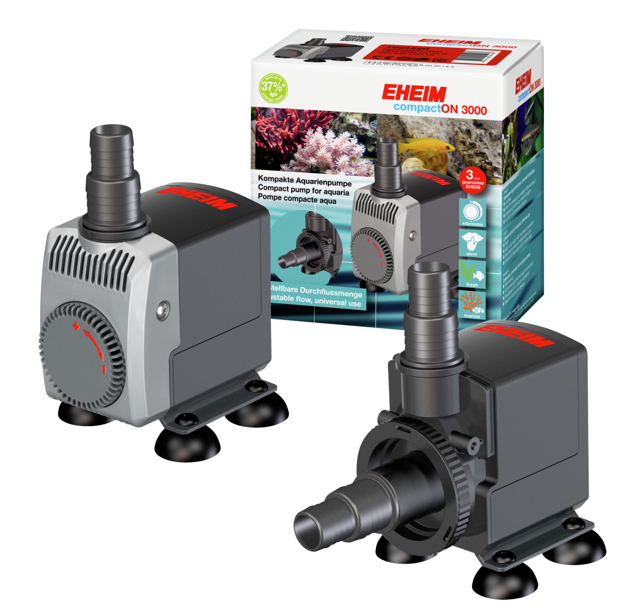 EHEIM compactON 3000, kompakte Pumpe für Süß--Meerwasser, einstellbar, Grau-Schwarz, Förderleistung auf Verpackung ersichtlich.