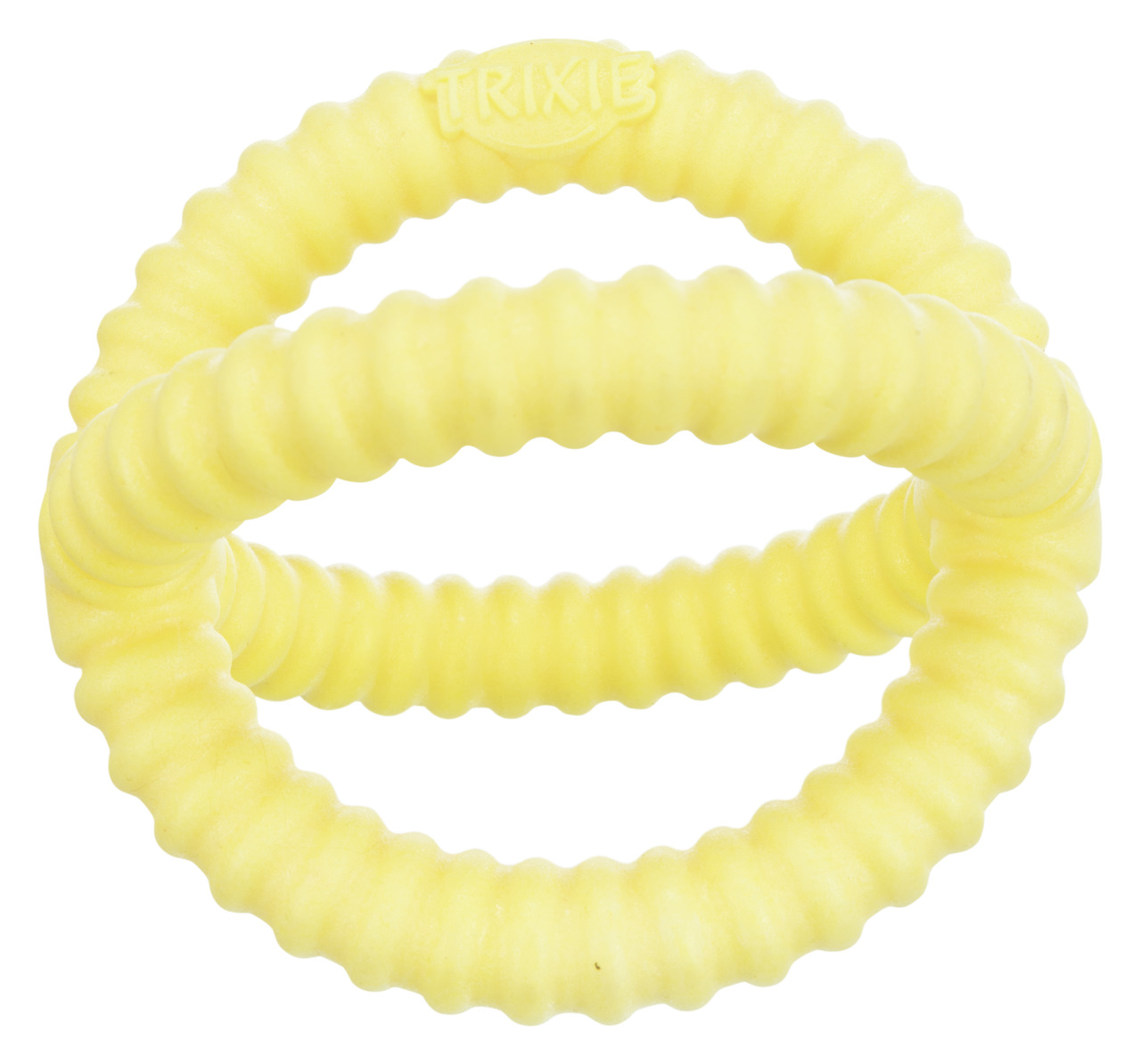 Das Bild zeigt das TRIXIE Hundespielzeug "Denta Fun Ring" in Gelb, speziell für Hunde entwickelt. Der robuste Kauring aus Naturgummi unterstützt die Zahnpflege, indem er Zahnstein und Plaque reduziert. Geeignet für Hunde aller Größen, fördert er spieleris