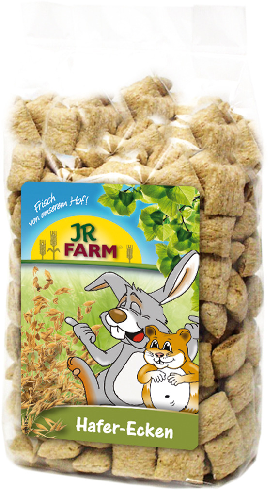 JR FARM Hafer-Ecken, Snack für Kleintiere (Kaninchen, Hamster), beige Stücke, „Frisch von unserem Hof!“, ohne Mengenangabe.