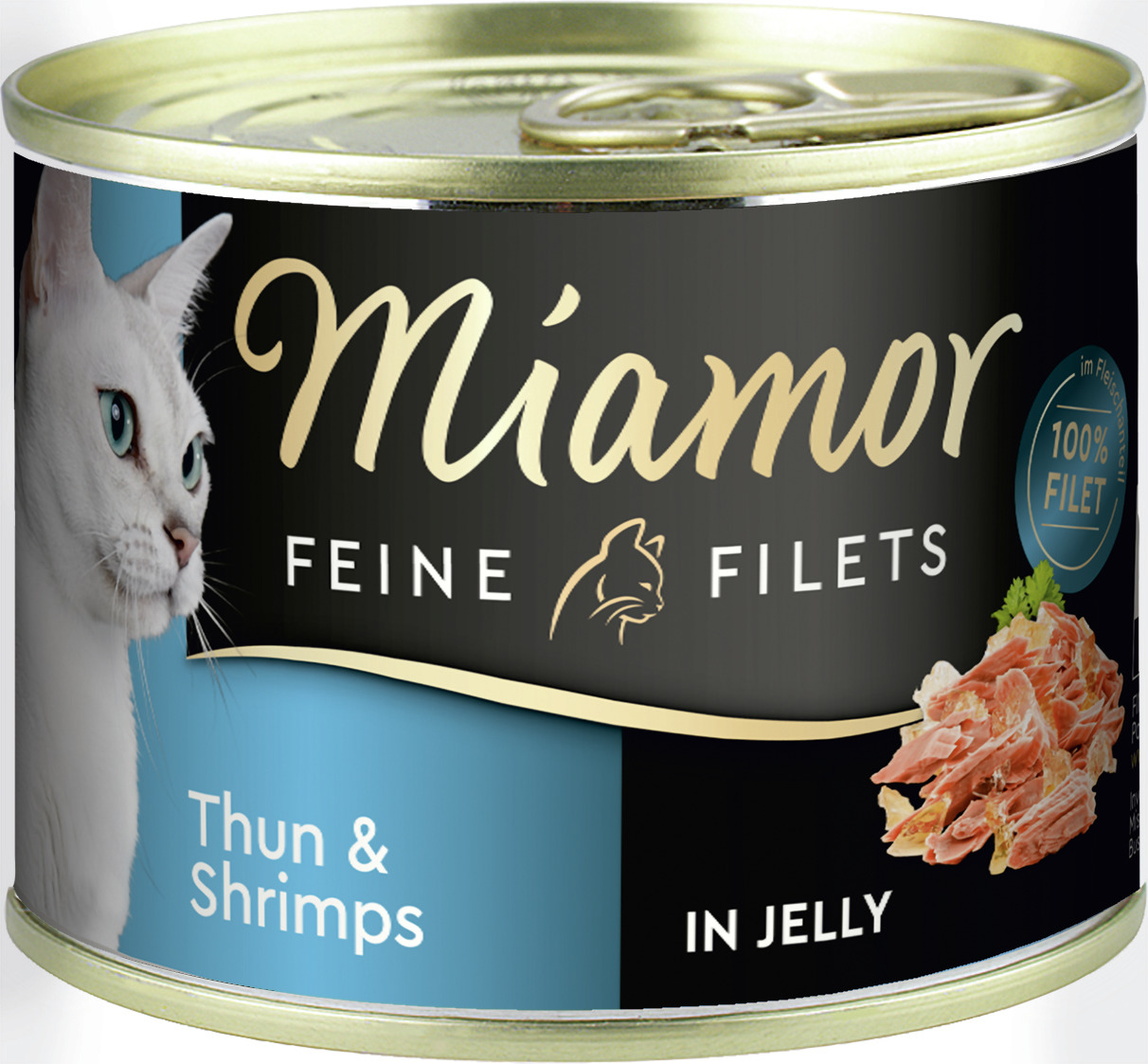 Das Bild zeigt eine Dose Katzenfutter der Marke Miamor mit der Produktbezeichnung "Feine Filets". Die Geschmacksrichtung ist Thunfisch und Shrimps in Gelee. Zielgruppe sind Katzen. Auf der Dose steht "100% Filet". Die Menge ist nicht eindeutig erkennbar. 