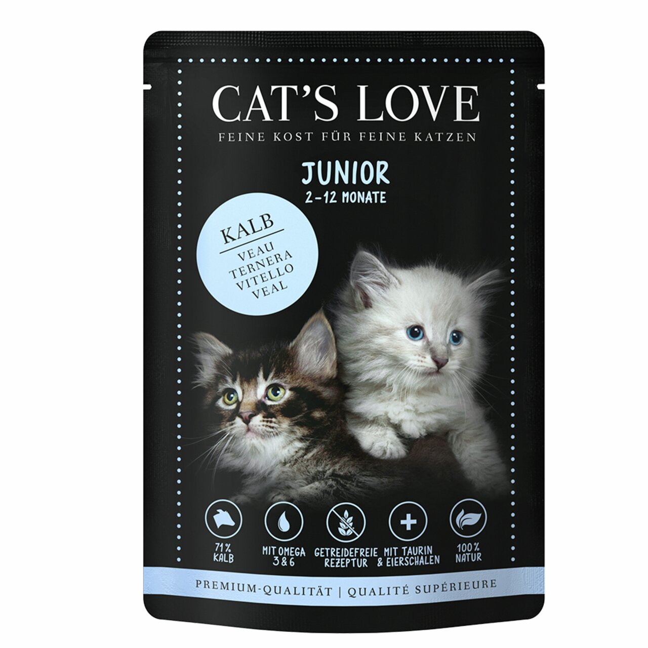 Cat's Love Junior Katzenfutter Kalb, für Kätzchen 2–12 Monate, getreidefrei, mit Taurin, Omega 3 & 6, 85 g.