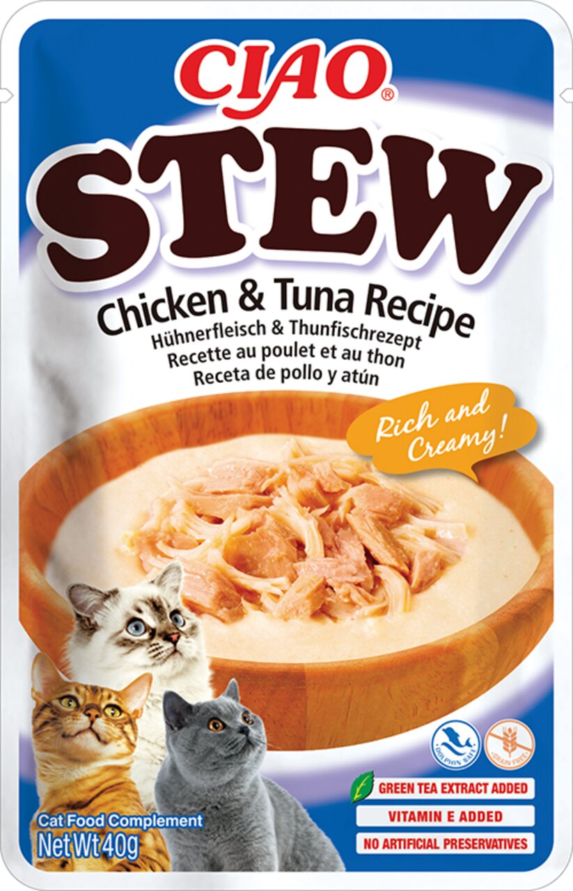 Ciao Stew Huhn & Thunfisch für Katzen, reichhaltig und cremig, mit grünem Tee Extrakt, 40g, ohne künstliche Zusätze.