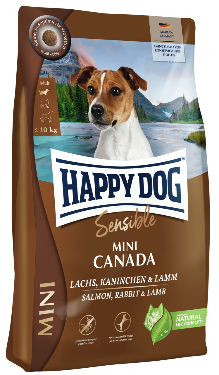 Happy Dog Sensible Mini Canada, für kl. Hunde bis 10 kg, Lachs/Kaninchen/Lamm, getreidefrei, kl. Kroketten, 4 kg, made in DE.
