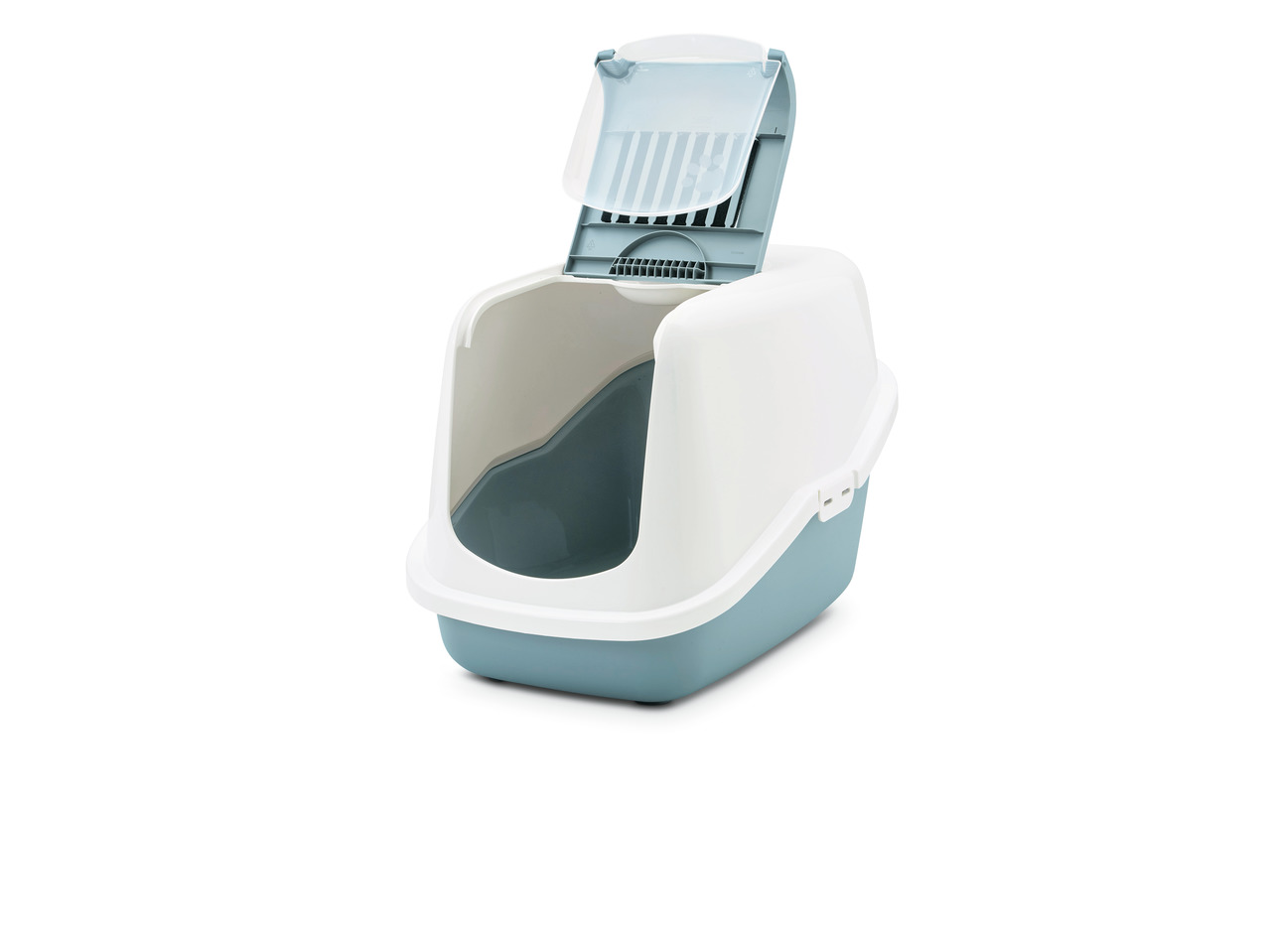 Savic Katzentoilette Hop In, für Katzen aller Größen, Weiß/Blau, erhöhter Einstieg, minimiert Streuverlust, fördert Sauberkeit.