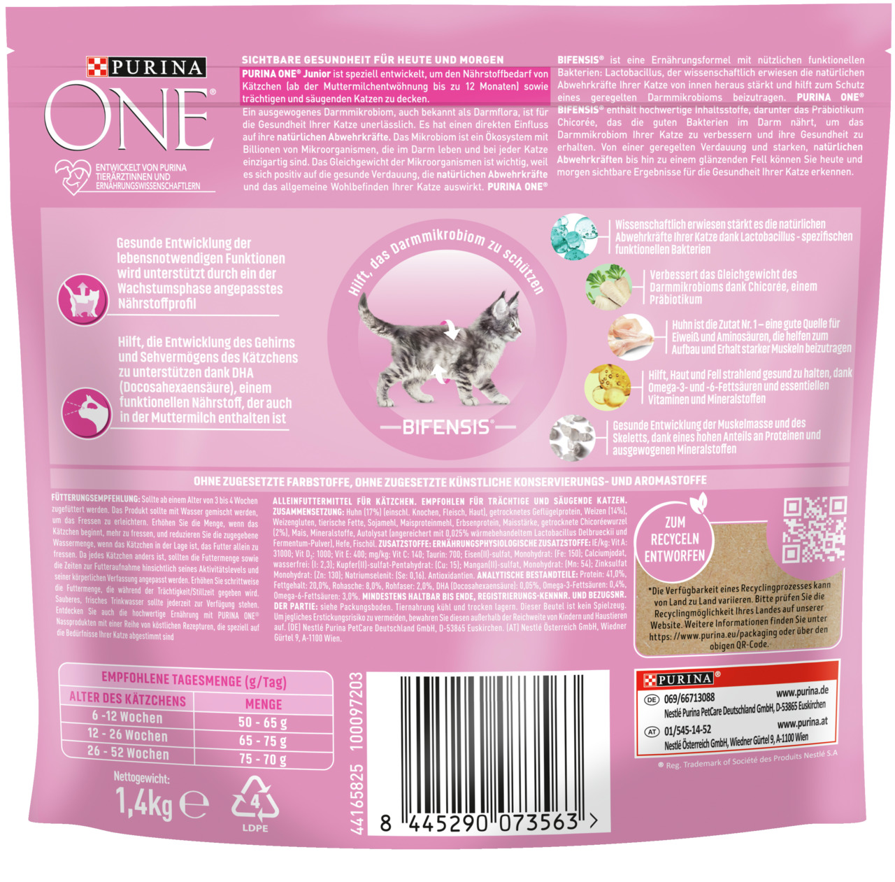 Das Bild zeigt die Rückseite einer Verpackung des Katzenfutters „Purina ONE Junior“ mit BIFENSIS-Formel. Es ist speziell für Kätzchen bis 12 Monate sowie trächtige und säugende Katzen entwickelt. Die Geschmacksrichtung ist Huhn. Die Verpackung enthält 1,4
